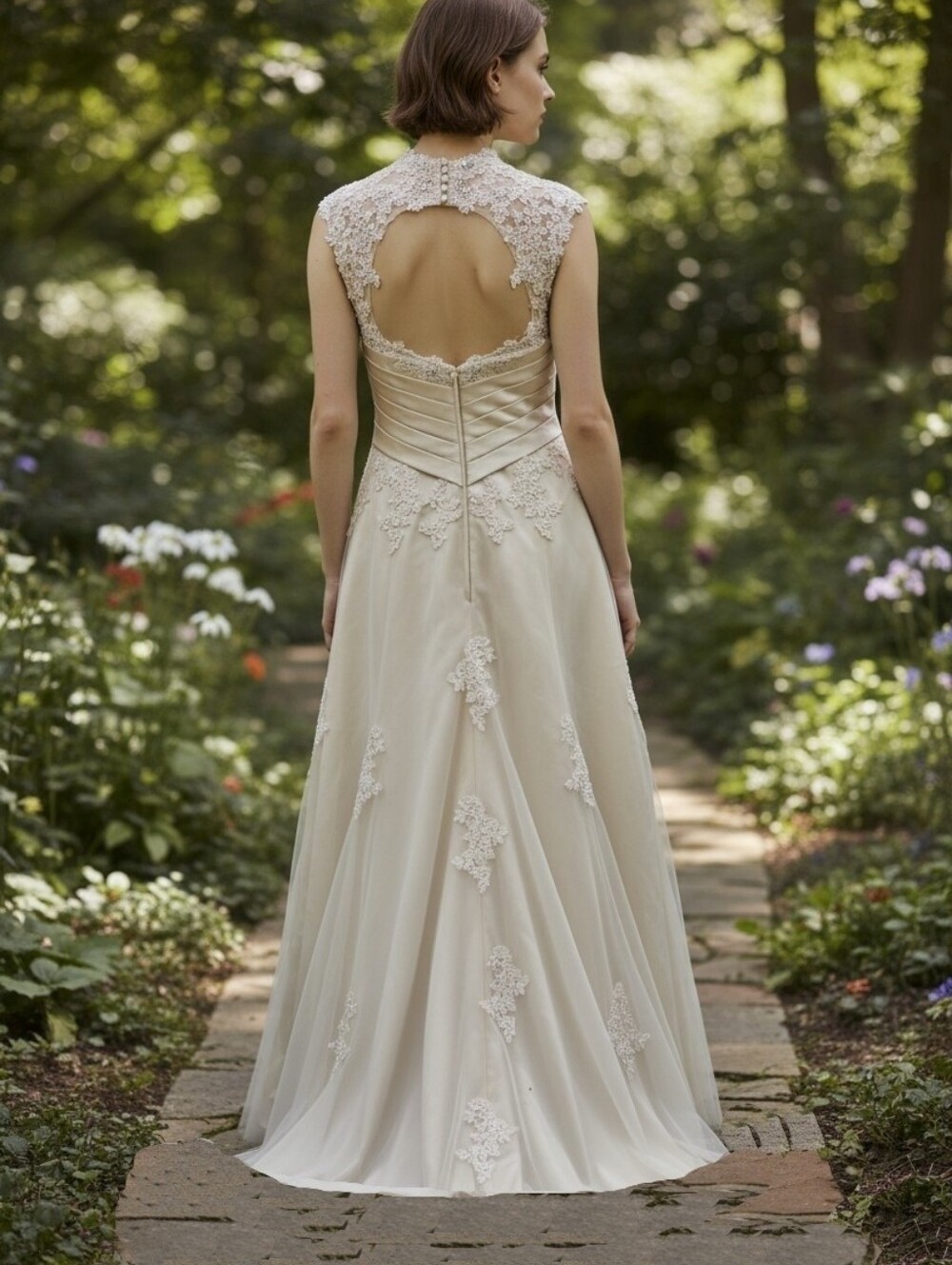 Bridal Champagne Lace Wedding Dress.
